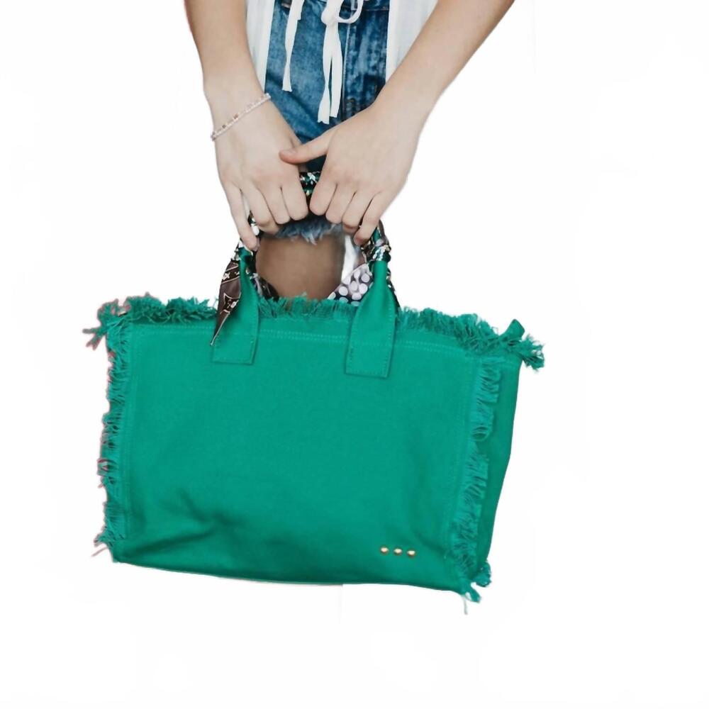 NEW PRETTY SIMPLE women's chloe canvas fringe tote bag in emerald